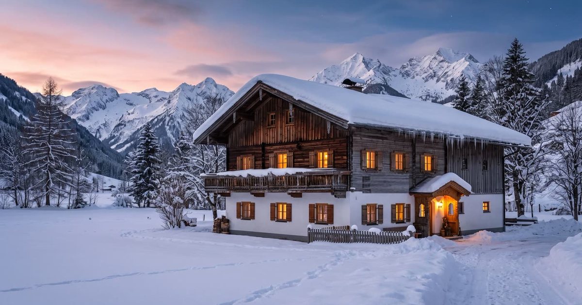 Beleuchtetes Ferienhaus in verschneiter Berglandschaft in der Dämmerung